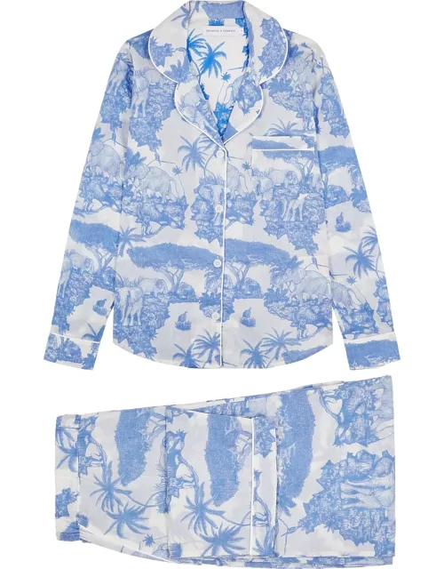 Desmond & Dempsey Loxodonta Printed Cotton Pyjama Set - Blue