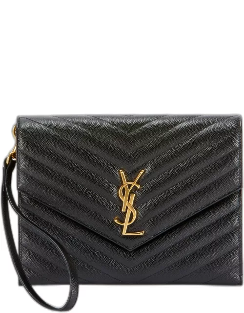YSL Monogram Flap Clutch Bag in Grained Leather
