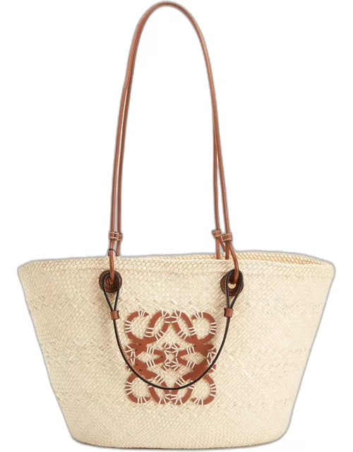x Paula's Ibiza Anagram Basket Bag in Iraca Palm with Leather Handle