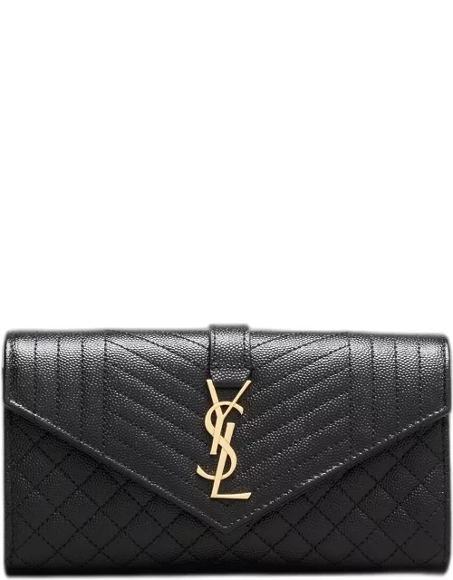 YSL Monogram Triquilt Large YSL Flap Wallet in Grained Leather