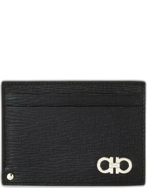 Men's Revival Gancini Leather Card Case with Flip-Out ID Window, Black/Red