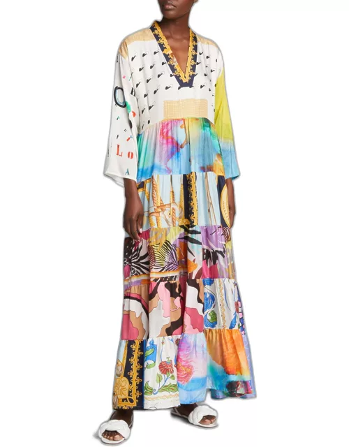 One-of-a-Kind Mixed-Print Silk Maxi Dres