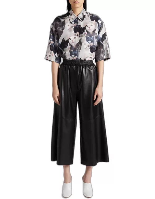 Cropped Wide-Leg Pull-On Leather Pant