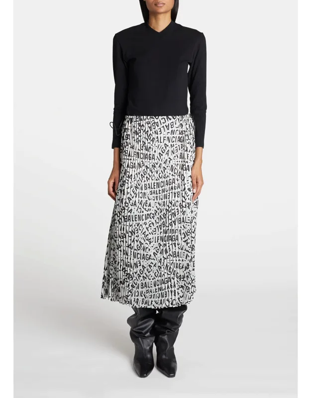 Logo Strips Print Pleated Midi Skirt