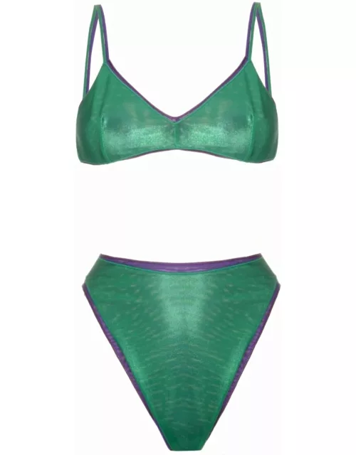 Green and purple Lamè Double Bra 90s Bottom Bikini Set