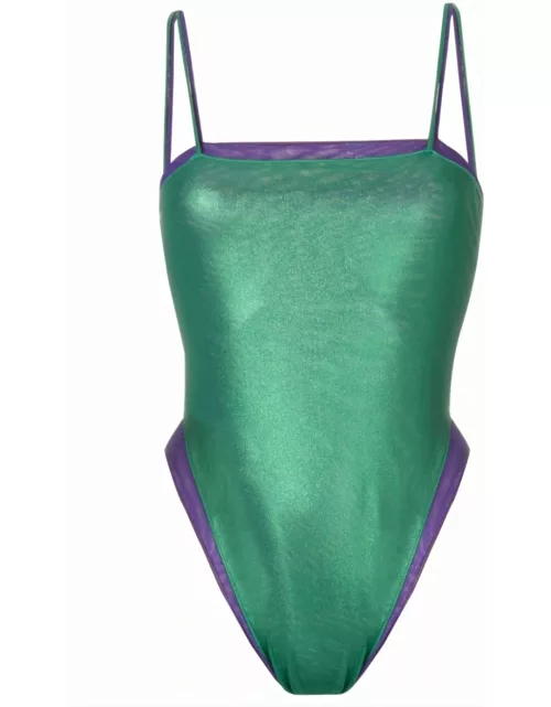Green and purple Lamè Double Maillot Swimsuit