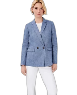 Ann Taylor The Petite Relaxed Double Breasted Long Blazer in Linen Cotton Chambray