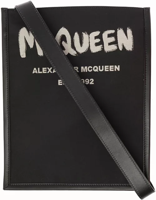Alexander Mcqueen Mans Black Leather Crossbody Bag With Logo Print
