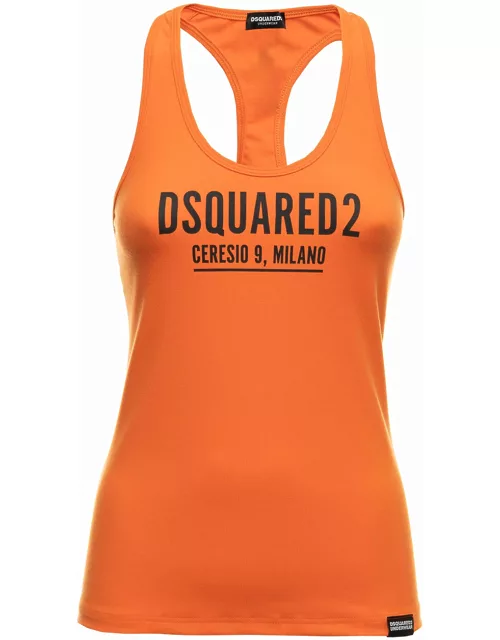 Dsquared2 D-squared2 Woman's Stretch Cottonorange Tank Top With Logo Print