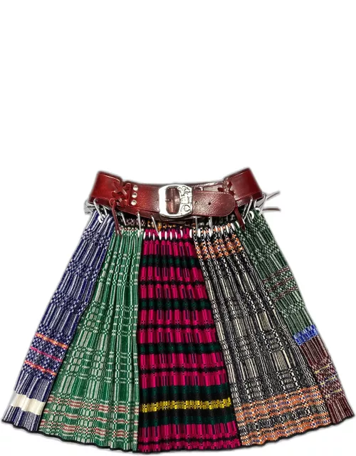 Spliced Plaid-Print Belted Mini Skirt