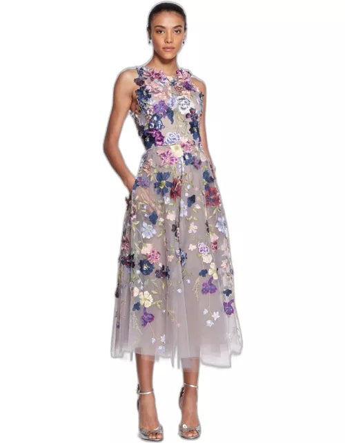 Marchesa Floral Embroidered A-Line Midi Dres