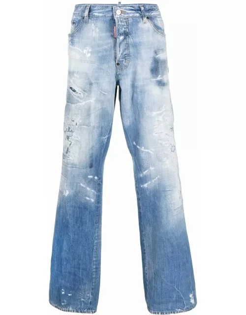 Distressed effect light blue flared Jean