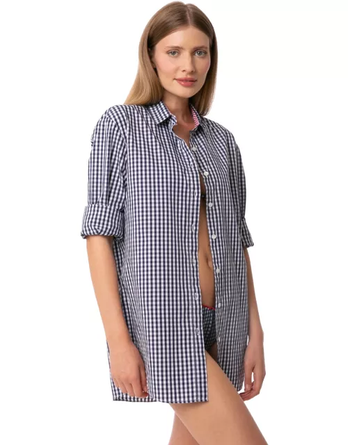 MC2 Saint Barth Blue Navy Gingham Cotton Shirt With Embroidery
