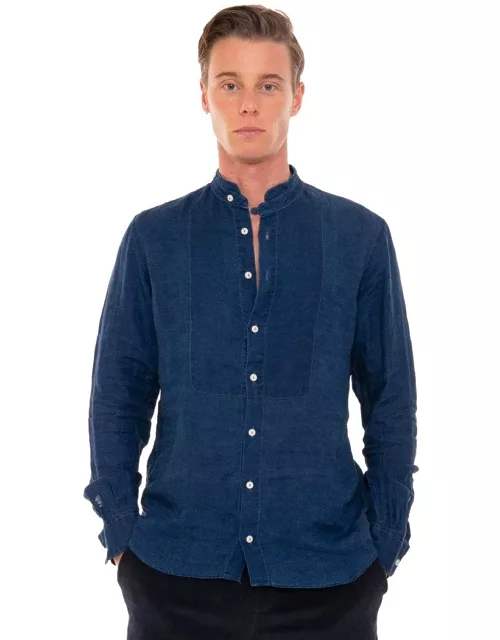 MC2 Saint Barth Blue Denim Linen Man Shirt Korean Collar