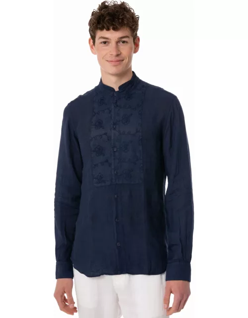 MC2 Saint Barth Man Blue Linen Shirt With Flower Embroidery