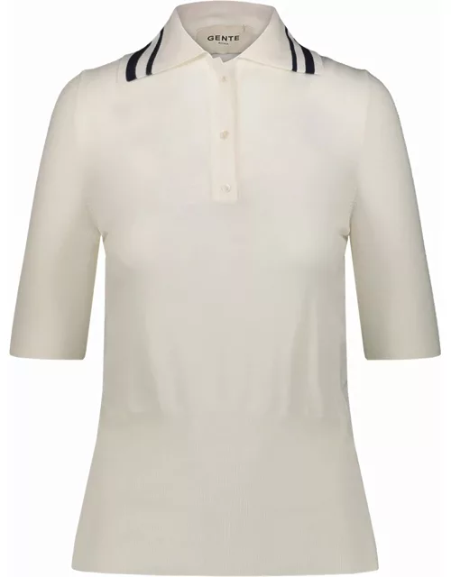 Cream fine knit Polo Shirt with blue contrast