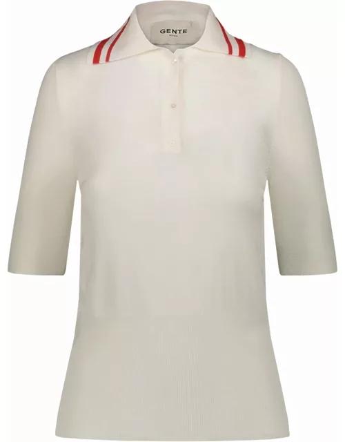 Cream fine knit Polo Shirt with red contrast