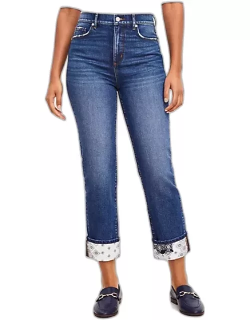 Loft Curvy High Rise Straight Crop Jeans in Patched Mid Indigo Wash