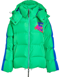 Woman Green And Blue Down Jacket With Etro Logo And Pegasus Patch