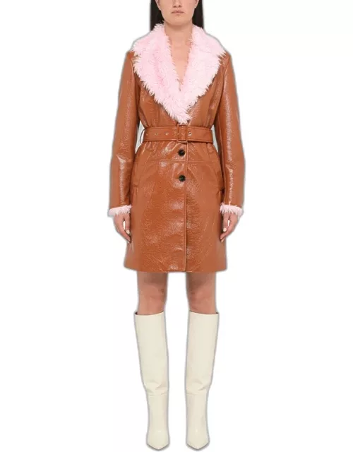 Brown faux leather coat with pink fur