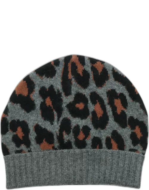 Leopard-Print Knit Cashmere Beanie Hat