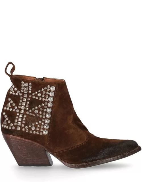 Elena Iachi Velour Brown Texan Ankle Boot With Stud