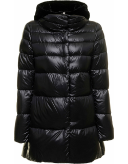 Herno Womans Blackultralight Nylon And Ecological Fur Quilted Down Jacket