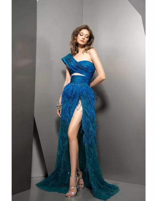 Ziad Nakad One Shoulder Feathered Skirt Gown