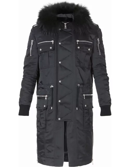 BALMAIN Buttoned Parka Coat With Fur Hood Black