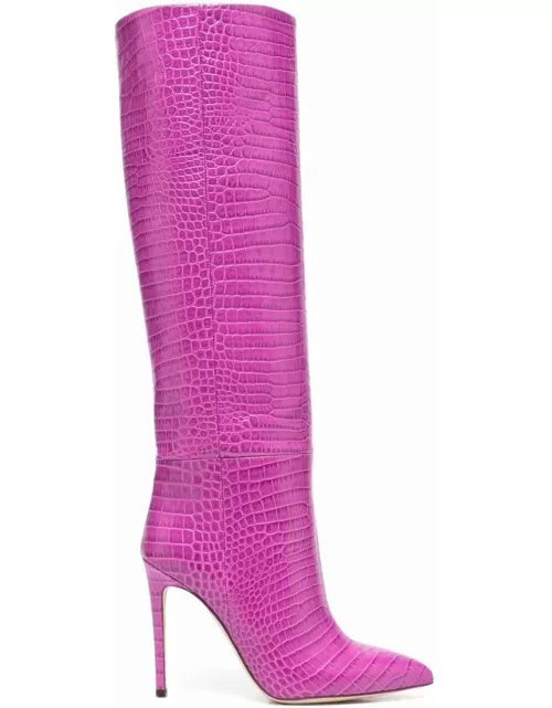 Crocodile-effect knee-length fuchsia pink boot