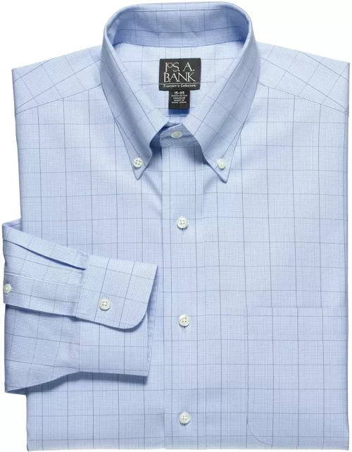 JoS. A. Bank Men's Traveler Collection Tailored Fit Button-Down Collar Windowpane Dress Shirt, Blue