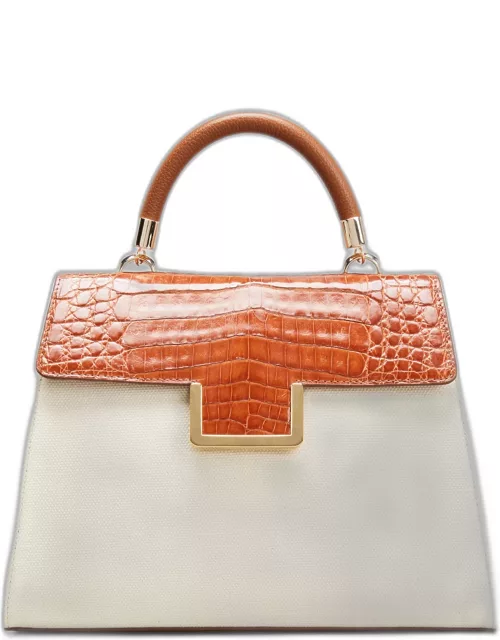 Michelle Medium Linen & Crocodile Top-Handle Bag with Strap