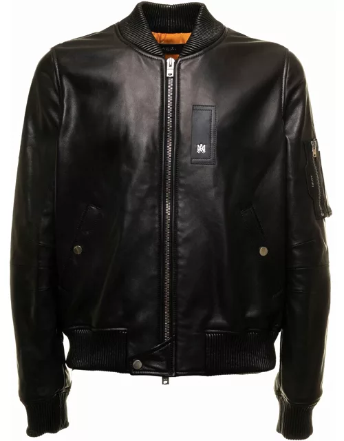 Black Aviator Bomber Jacket In Leather And Knitted Wool Amiri Man