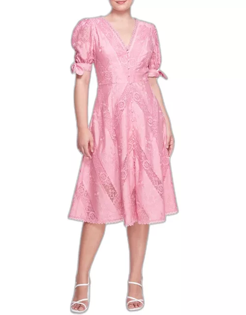 Marchesa Notte Pink Short Sleeve Lace Midi Dres