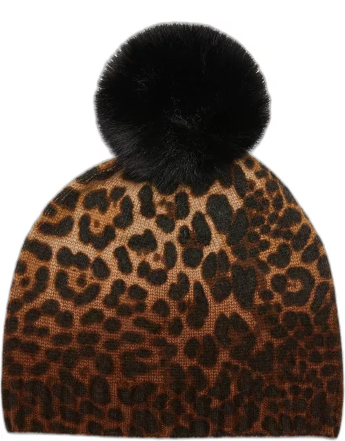 Leopard Print Cashmere & Faux Fur Pom Beanie
