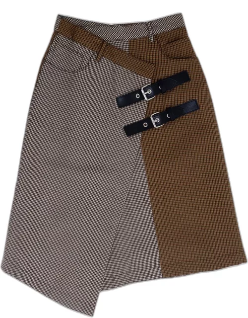 Splice Houndstooth Leather Strap Wrap Midi Skirt