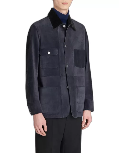 Men's Corduroy Collar Suede-Leather Jacket