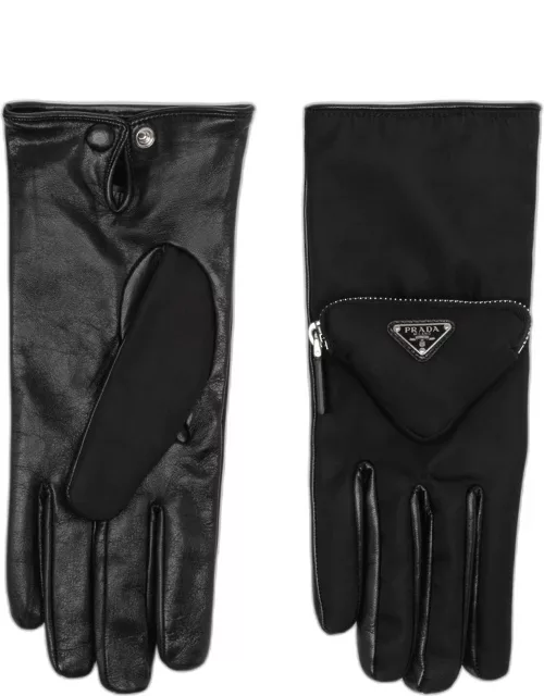 Black leather and technical nylon glove