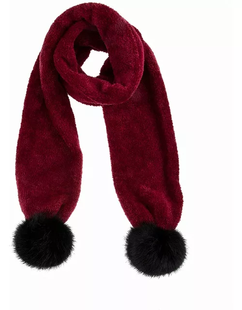 Dents Knitted Scarf With Faux Fur Pom Poms In Claret