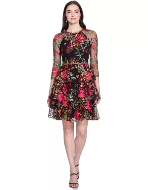 Marchesa Notte Floral Tiered Ruffle Dres