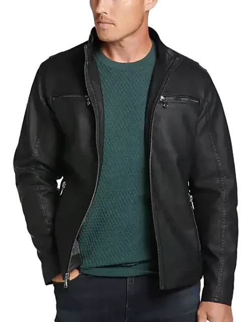 Awearness Kenneth Cole Men's Modern Fit Faux Leather Moto Jacket Black Solid