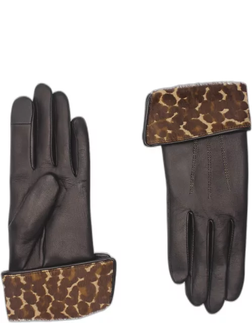 Leopard-Print Fold Down Silk & Leather Glove