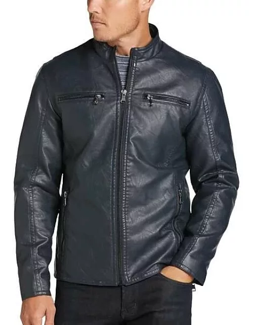 Awearness Kenneth Cole Men's Modern Fit Moto Jacket Navy Faux Leather