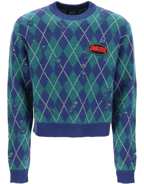 LIBERAL YOUTH MINISTRY DIAMOND-PATTERNED DISTRESSED SWEATER