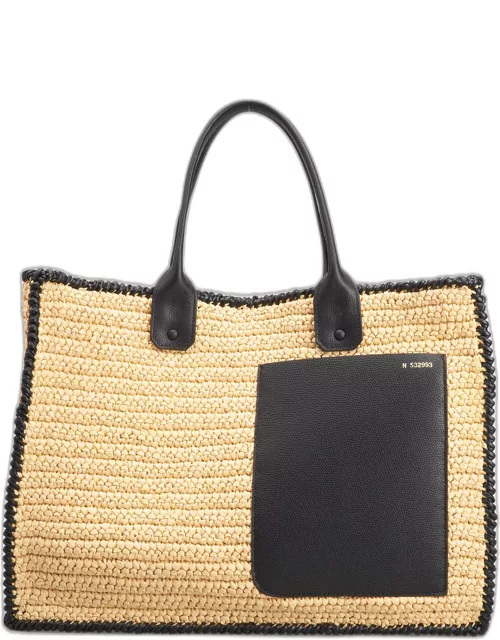 Leather & Straw Shopping Tote Bag