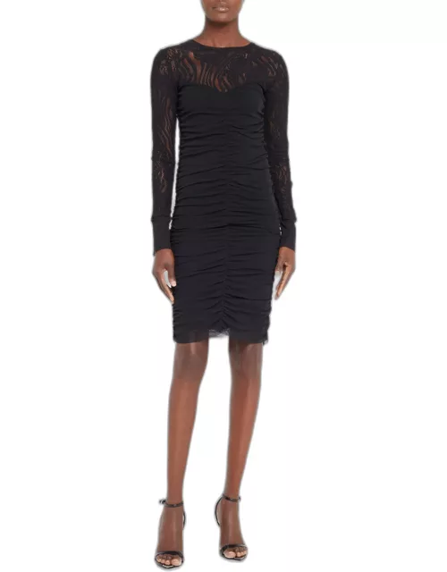 Ruched Lace-Yoke Tulle Dres