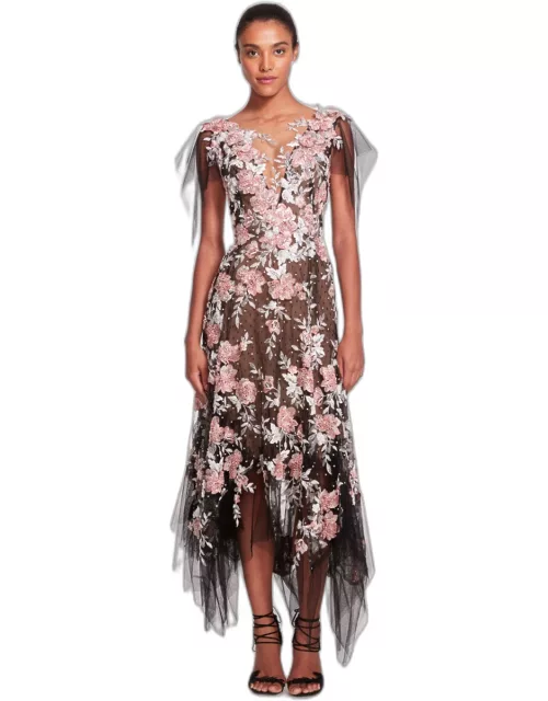 Marchesa Floral Embroidered Tulle Midi Dres