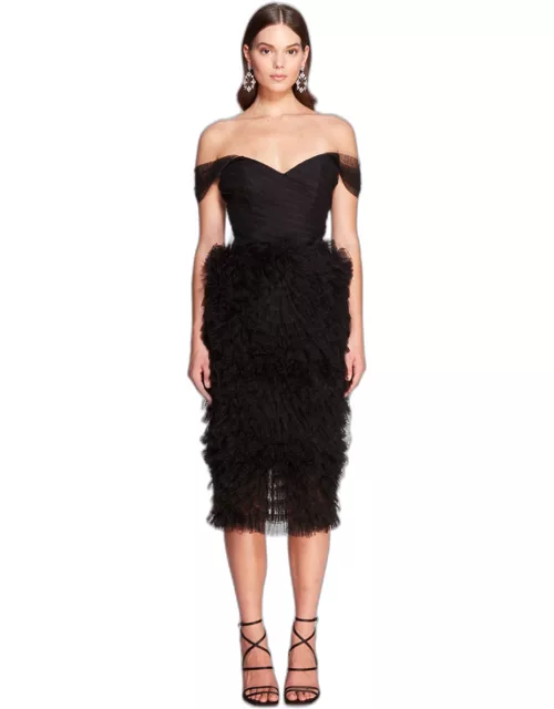 Marchesa Notte Dotted Tulle Midi Dres