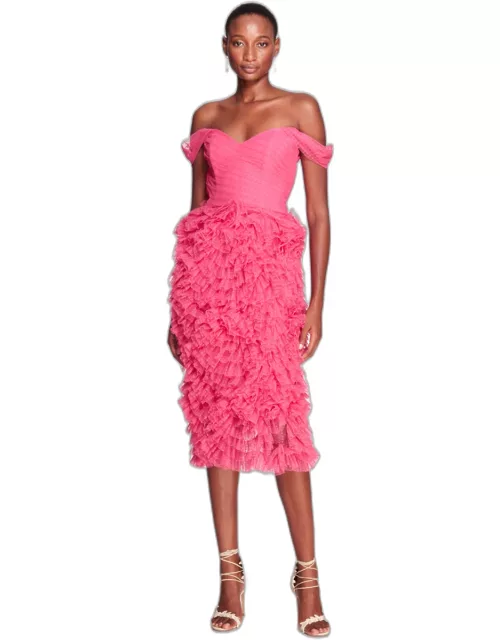 Marchesa Notte Dotted Tulle Midi Dres