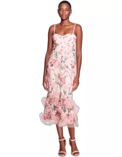Marchesa Notte Embroidery on Tulle Midi Dres